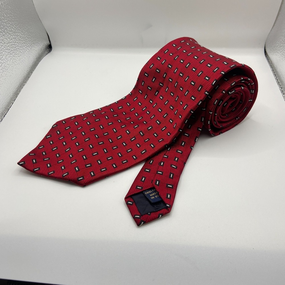 Brooks‎ Brothers Mens Red Geometric Print Textured Silk Formal Pointed Neck Tie